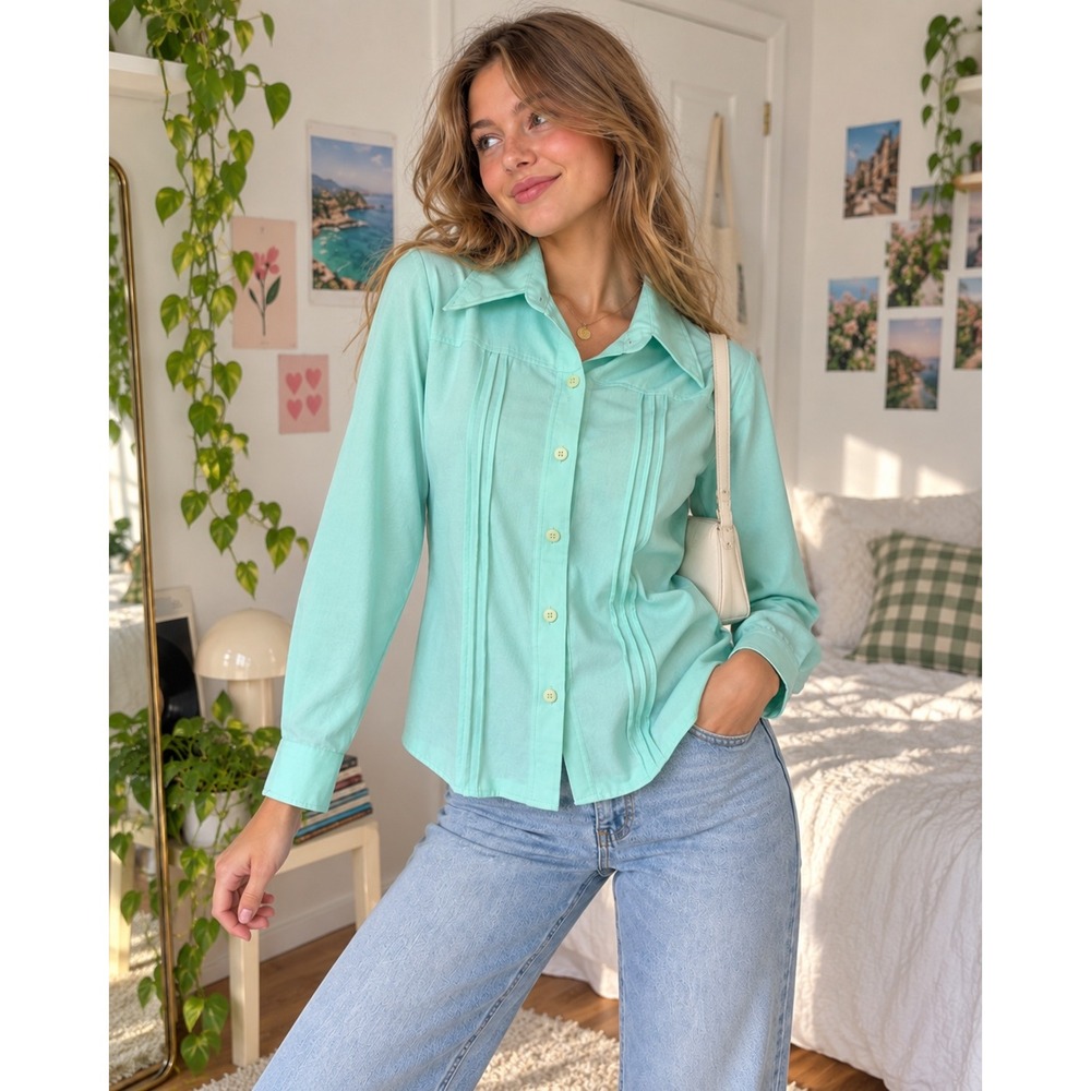 KORET OF CALIFORNIA Blouse Pintuck Vintage Women M Aqua Green Excellent Slub